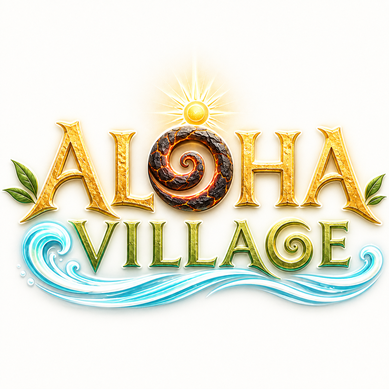Aloha Village logo with a golden sun, lava spiral, green leaves, and turquoise ocean waves