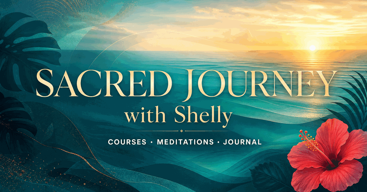 Sacred Journey with Shelly brand artwork over an ocean sunrise